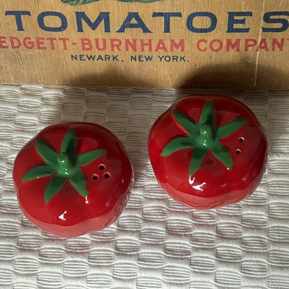Vintage Red Tomato Salt and Pepper Shakers Ceramic Kitsch Cottagecore Decor Set
